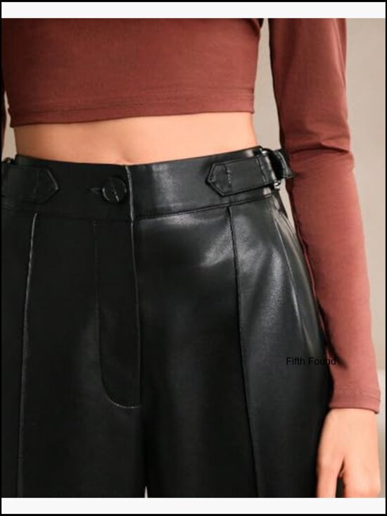 High Waist Wide Leg Faux Leather Palazzo Pants Business Casual Trousers - Picture 6 of 6